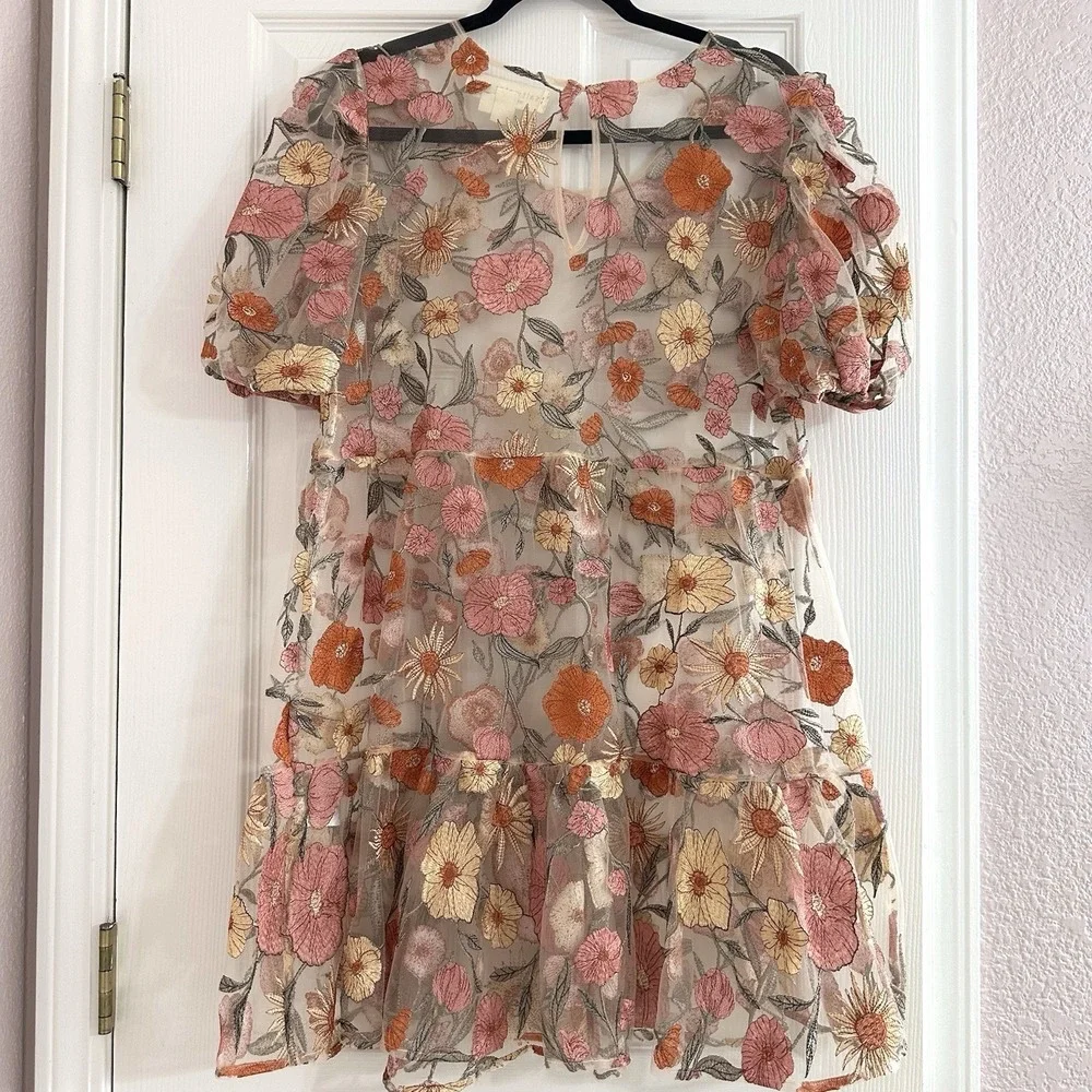saltwater LUXE Sheer Floral Mini Dress in Pink, Orange, Cream - Picture 7 of 8